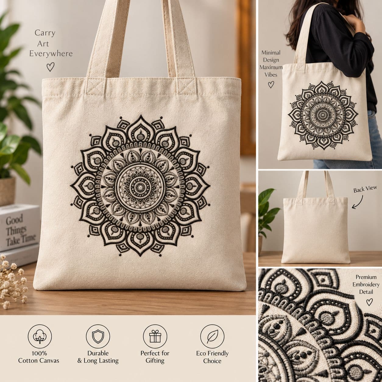 Floral Wreath Embroidery Tote